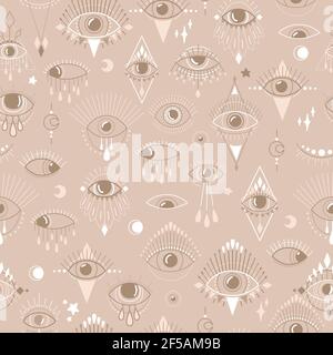 Vector seamless esoteric pattern. Light beige colors. Eye of providence. Magic symbol. Witchcraft. Boho stylish print. Stock Vector