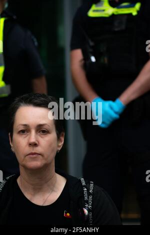 Melbourne, Australia. 25th March 2021. Extinction Rebellion continue their week-long disruptive action in Melbourne, this time in protest of Rupert Murdoch’s downplaying of the issue of climate change in Australia’s news. Credit: Jay Kogler/Alamy Live News Stock Photo