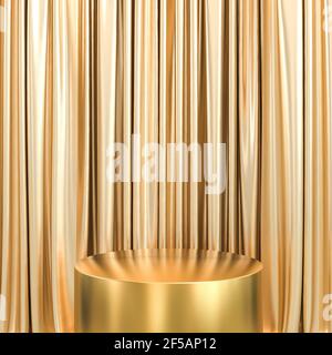 gold podium and golden curtains with wooden floor. 3d render. nobody around. Stock Photo