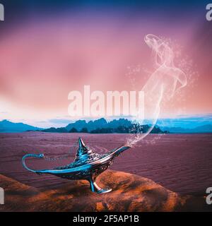 aladdin's lamp in desert at night. Stock Photo