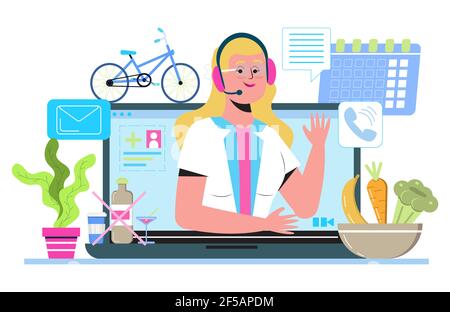 Dietologist online consultation. Diet plan concept vector. Nutrition diet, weight-management. Organic fruits, bike, sport activity for weight loss pro Stock Vector
