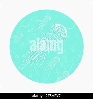 Medusa (Jellyfish) in a turquoise circle. Marine vector illustration. Clipart EPS 10 in the form of a ready-made icon Stock Vector