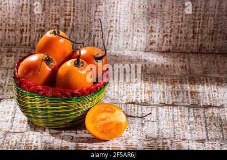 Tamarillo tree tomato exotic fruit - Solanum betaceum Stock Photo