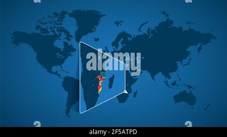 Detailed world map with pinned enlarged map of Mozambique and neighboring countries. Mozambique flag and map. Stock Vector