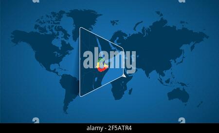 Detailed world map with pinned enlarged map of Ethiopia and neighboring countries. Ethiopia flag and map. Stock Vector