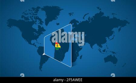 Detailed world map with pinned enlarged map of Bolivia and neighboring countries. Bolivia flag and map. Stock Vector