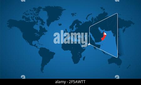 Detailed world map with pinned enlarged map of Oman and neighboring countries. Oman flag and map. Stock Vector