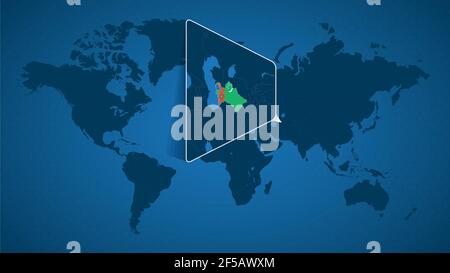 Detailed world map with pinned enlarged map of Turkmenistan and neighboring countries. Turkmenistan flag and map. Stock Vector