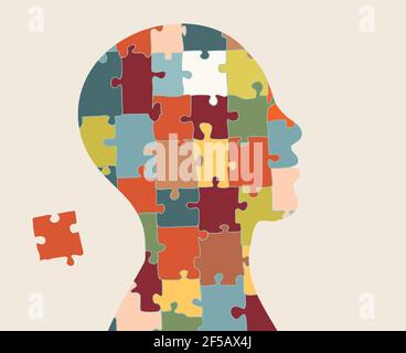 Autism syndrome concept. Jigsaw that forms human head in profile. Learning support and education. Neurological Disease. Mind and brain. Conceptual Stock Vector