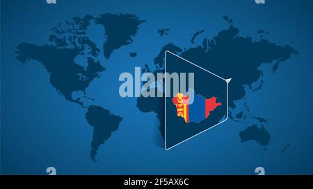 Detailed world map with pinned enlarged map of Mongolia and neighboring countries. Mongolia flag and map. Stock Vector