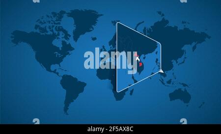 Detailed world map with pinned enlarged map of Laos and neighboring countries. Laos flag and map. Stock Vector