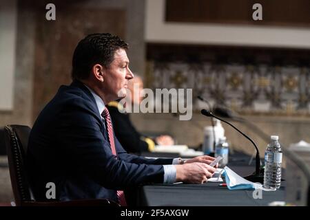 Washington, United States. 25th Mar, 2021. Christopher P. Maier, Acting Assistant Secretary Of Defense For Special Operations And Low-Intensity Conflict, speaks during a hearing on the “United States Special Operations Command and United States Cyber Command” with the Senate Armed Services Committee on Capitol Hill in Washington DC on March 25th, 2021. Photo by Anna Moneymaker/Pool/ABACAPRESS.COM Credit: Abaca Press/Alamy Live News Stock Photo