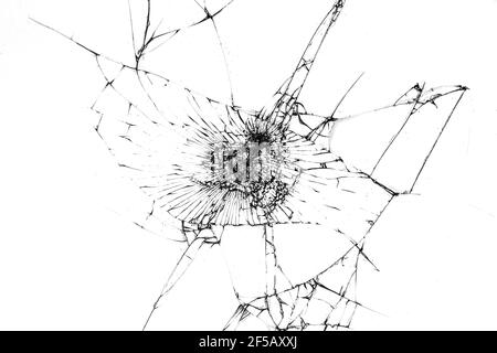 Texture of cracked broken glass isolated on white background for design. Stock Photo