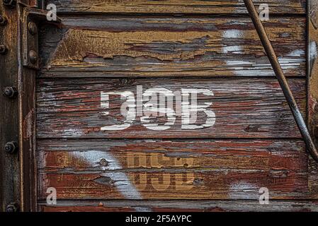 detail of old wagon with peeled paint on the planks, Copenhagen, Mars 20, 2021 Stock Photo