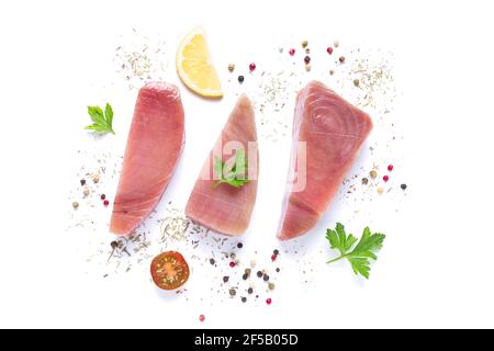 Fresh raw tuna steaks on white background .Top view. Stock Photo