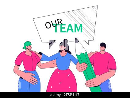 Our team - modern colorful line design style illustration with trendy characters. Teamwork and inspiration, brainstorming idea. A composition with hap Stock Vector