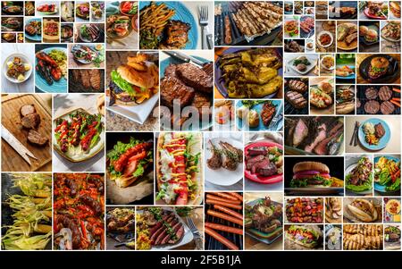 Collage of popular American BBQ and grilled food including burgers hot dogs sausage steak and even seafood Stock Photo