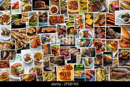 Collage of popular American BBQ and grilled food including burgers hot dogs sausage steak and even seafood Stock Photo
