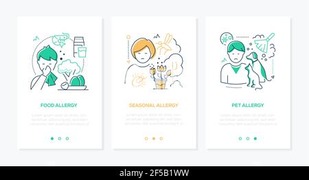 Allergens - modern line design style web banners with copy space for text. Health problems idea. Food, seasonal, pet allergy illustrations. Boys and g Stock Vector