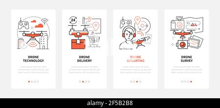 Drone technology - modern line design style web banners with copy space for text. Delivery, operating, survey carousel posts. Images of a controller, Stock Vector