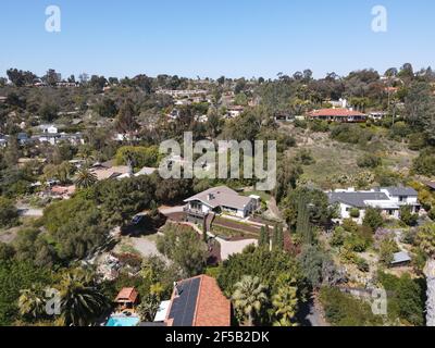 Aerial view of Rancho Santa Fe neighborhood with big mansions with pool in San Diego, California, USA. Aerial view of residential modern luxury house. Stock Photo