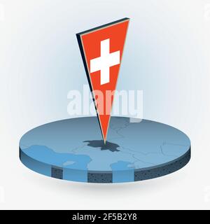 Switzerland map in round isometric style with triangular 3D flag of Switzerland, vector map in blue color. Stock Vector