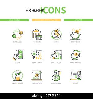 Business and finance - line design style icons set. Banking and financial management idea. Exchange, payments, coins, piggy bank, cash, bear and bull Stock Vector