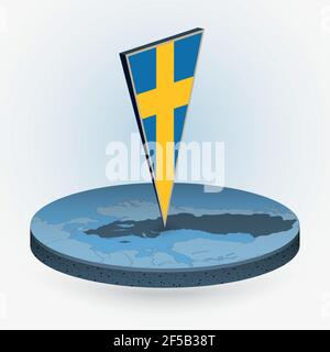 Sweden map in round isometric style with triangular 3D flag of Sweden, vector map in blue color. Stock Vector