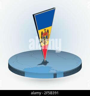 Moldova map in round isometric style with triangular 3D flag of Moldova, vector map in blue color. Stock Vector