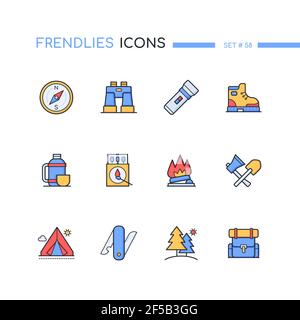 Camping - modern line design style icons set. Leisure activity, sports and tourism idea. Compass, hiking outfit, torch, binocular, thermos, tent, bonf Stock Vector