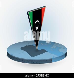 Libya map in round isometric style with triangular 3D flag of Libya, vector map in blue color. Stock Vector