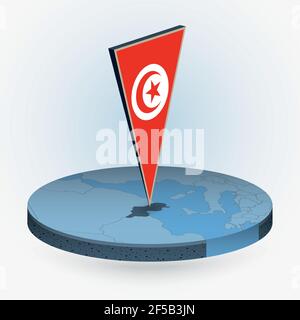 Tunisia map in round isometric style with triangular 3D flag of Tunisia, vector map in blue color. Stock Vector