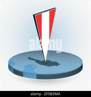 Austria map in round isometric style with triangular 3D flag of Austria, vector map in blue color. Stock Vector