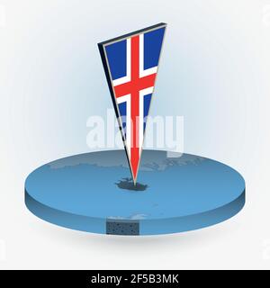 Iceland map in round isometric style with triangular 3D flag of Iceland, vector map in blue color. Stock Vector