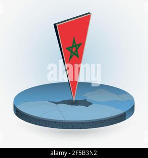 Morocco map in round isometric style with triangular 3D flag of Morocco, vector map in blue color. Stock Vector