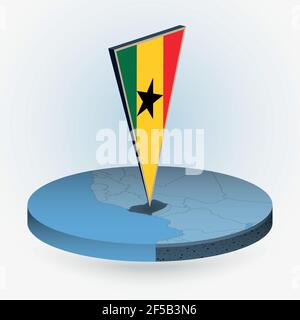 Ghana map in round isometric style with triangular 3D flag of Ghana, vector map in blue color.