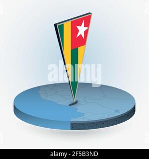 Togo map in round isometric style with triangular 3D flag of Togo, vector map in blue color. Stock Vector