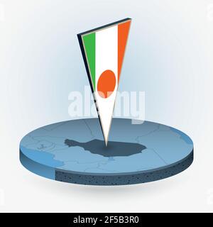 Niger map in round isometric style with triangular 3D flag of Niger, vector map in blue color. Stock Vector