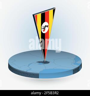 Uganda map in round isometric style with triangular 3D flag of Uganda, vector map in blue color. Stock Vector