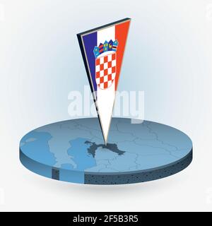 Croatia map in round isometric style with triangular 3D flag of Croatia, vector map in blue color. Stock Vector