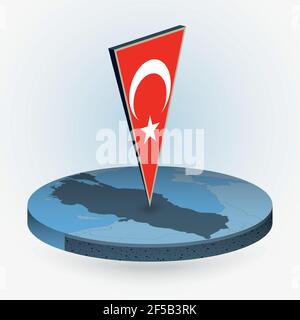 Turkey map in round isometric style with triangular 3D flag of Turkey, vector map in blue color. Stock Vector