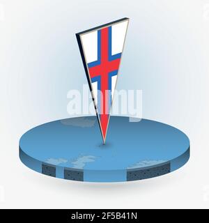 Faroe Islands map in round isometric style with triangular 3D flag of Faroe Islands, vector map in blue color. Stock Vector