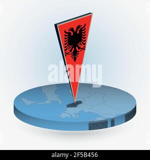 Albania map in round isometric style with triangular 3D flag of Albania, vector map in blue color. Stock Vector