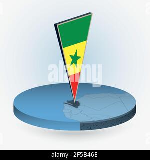 Senegal map in round isometric style with triangular 3D flag of Senegal, vector map in blue color. Stock Vector