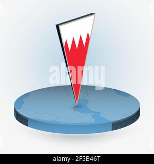 Bahrain map in round isometric style with triangular 3D flag of Bahrain, vector map in blue color. Stock Vector