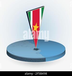 Suriname map in round isometric style with triangular 3D flag of Suriname, vector map in blue color. Stock Vector
