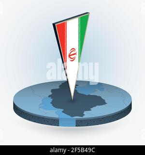 Iran map in round isometric style with triangular 3D flag of Iran, vector map in blue color. Stock Vector