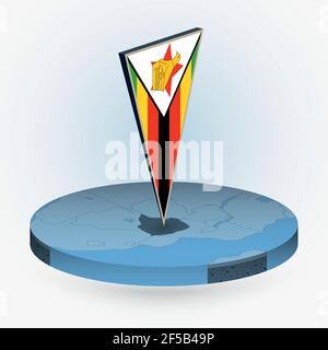 Zimbabwe map in round isometric style with triangular 3D flag of Zimbabwe, vector map in blue color. Stock Vector