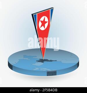 North Korea map in round isometric style with triangular 3D flag of North Korea, vector map in blue color. Stock Vector