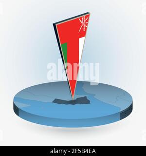 Oman map in round isometric style with triangular 3D flag of Oman, vector map in blue color. Stock Vector